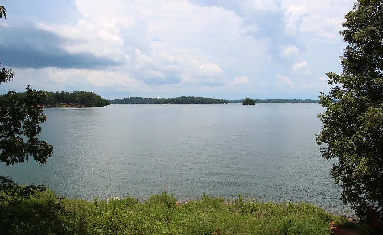Framed by leafy trees at both sides and tall grasses in the foreground, a wide stretch of calm blue-grey water runs out to low wooded points and a small island along the horizon under a big sky of white and grey summer clouds.