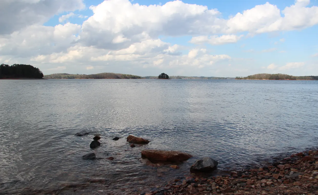 From a pebbly shore with a few red and grey rocks in the shallows, wide shimmering water stretches to low wooded points and a tiny tree-covered island on the horizon under a blue sky piled with bright white cumulus clouds.